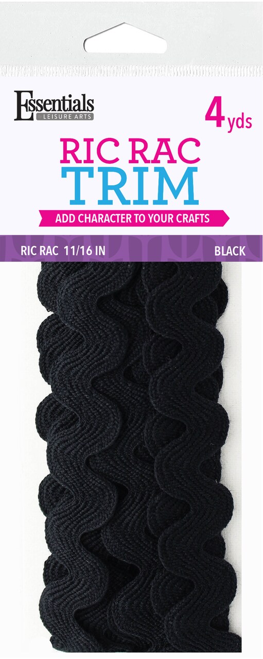 Essentials By Leisure Arts Ric Rac 11/16" 4 Yards Black - Rick Rack Trim For Sewing - Wavy Ric Rac Trim For Sewing And Crafts Ribbon Rick Rack